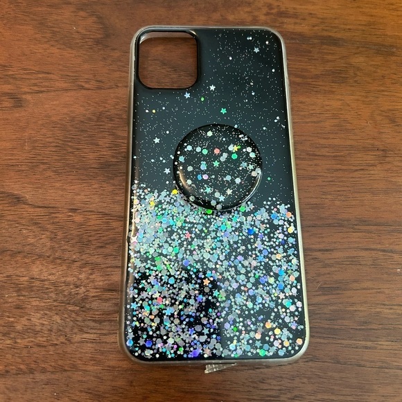 🖤iPhone 11 Pro Max Black Phone Case w/Silver Glitter and Stars w/ Pop Socket🩶 - Picture 1 of 8